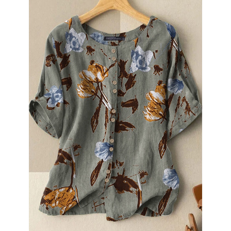 Casual Flower Print Button Front Short Sleeve Crew Neck Blouse