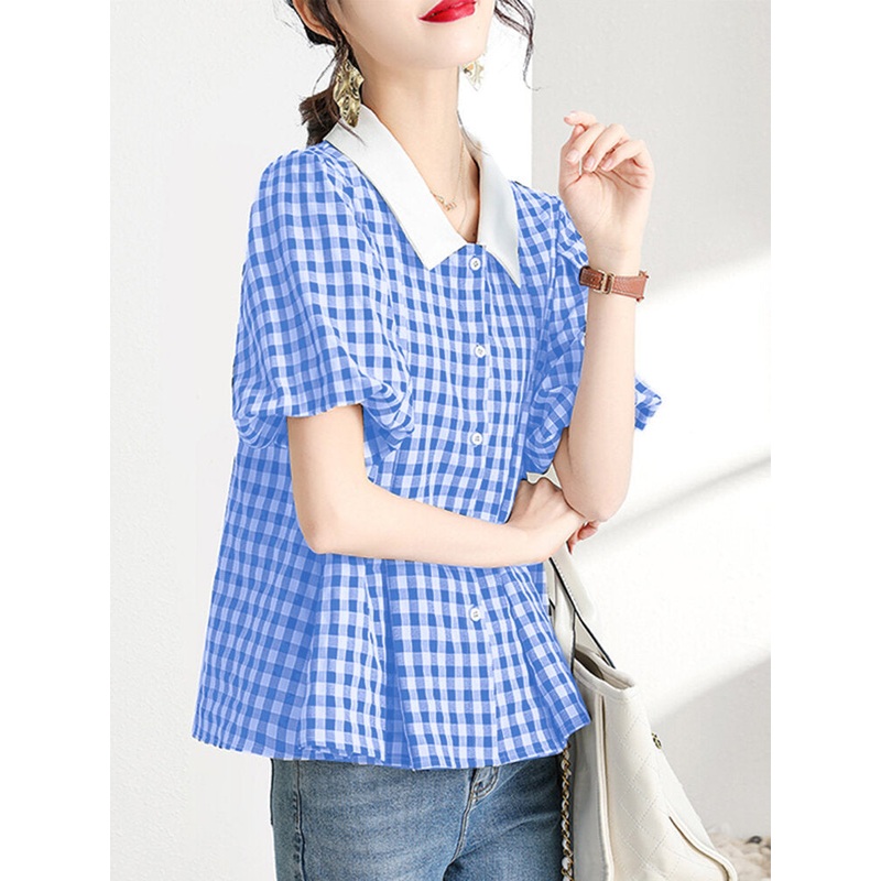 Check Contrast Lapel Puff Sleeve Button Front Shirt