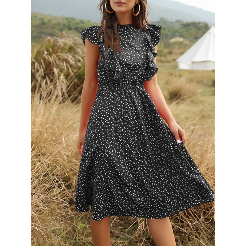 Confetti Heart Print Ruffle Crew Neck Midi Dress