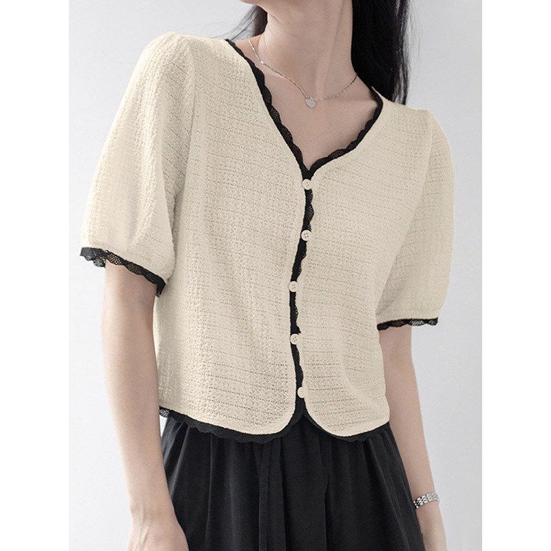 Contrast Button Front V-neck Short Sleeve Women Blouse