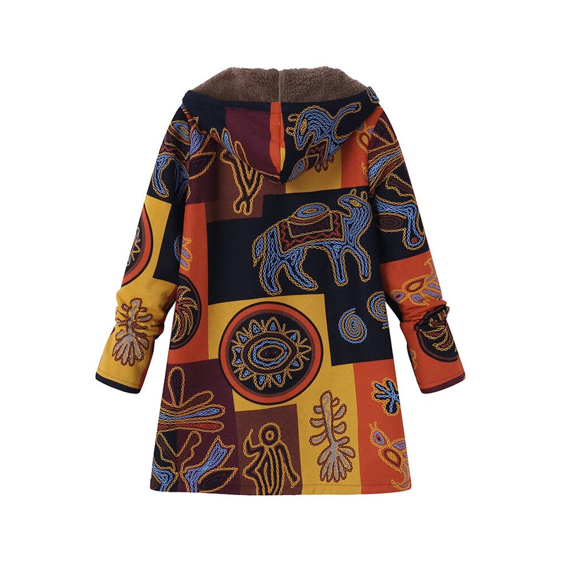 Ethnic Floral Printed Hooded Pockets Jackets Coats for Women