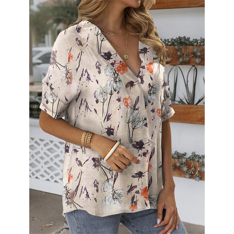 Flower Print V-neck Short Sleeve Casual Blouse For Women