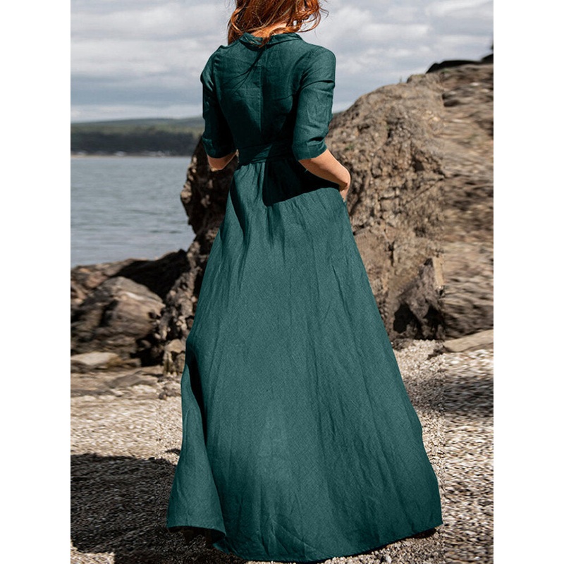 Half Sleeve Lapel V-Neck Pocket Sash Solid Maxi Dress