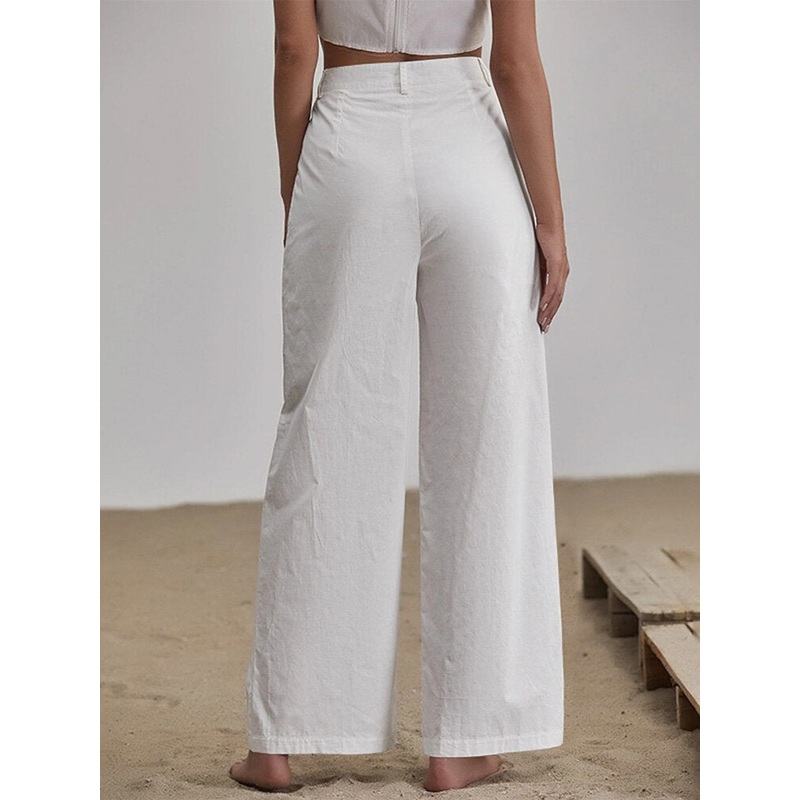 High Waist Solid Pocket Wide Leg Casual Pants