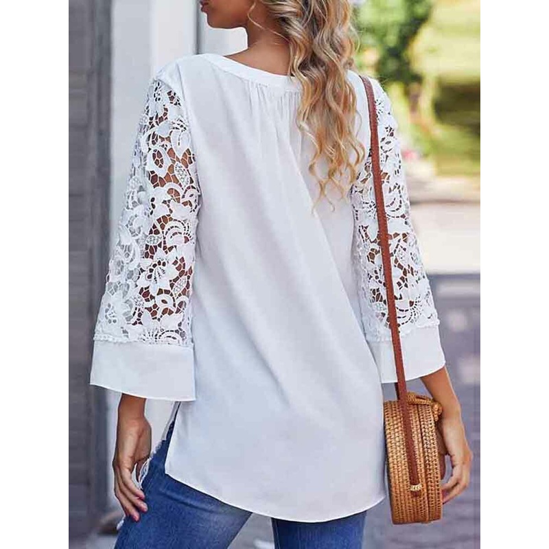 Hollow Lace Panel Slit Hem V-neck 3/4 Sleeve Blouse