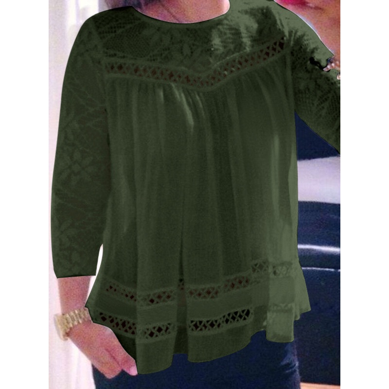 Lace Panel Hollow Crew Neck Blouse For Women