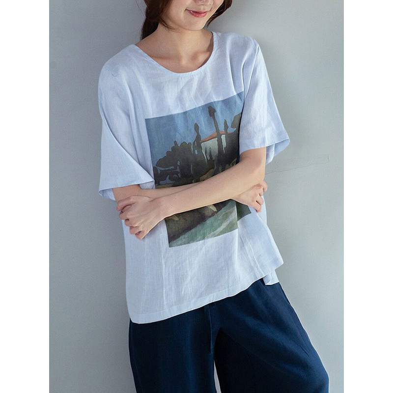Landscape Print Round Neck Short Sleeve Cotton Loose Casual T-Shirt