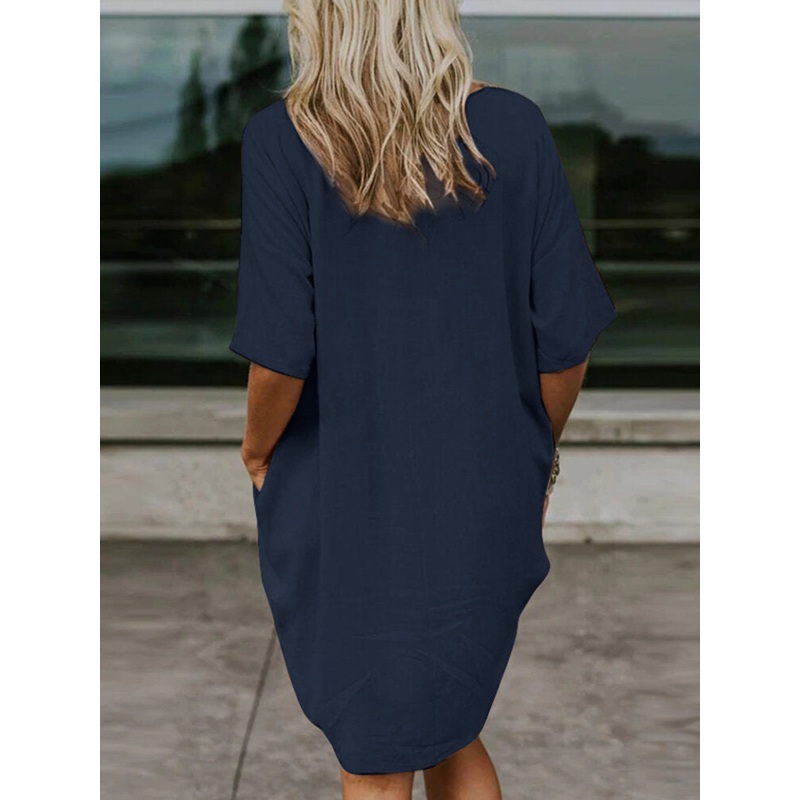 Leisure Solid Pocket Half Sleeve Midi Dress