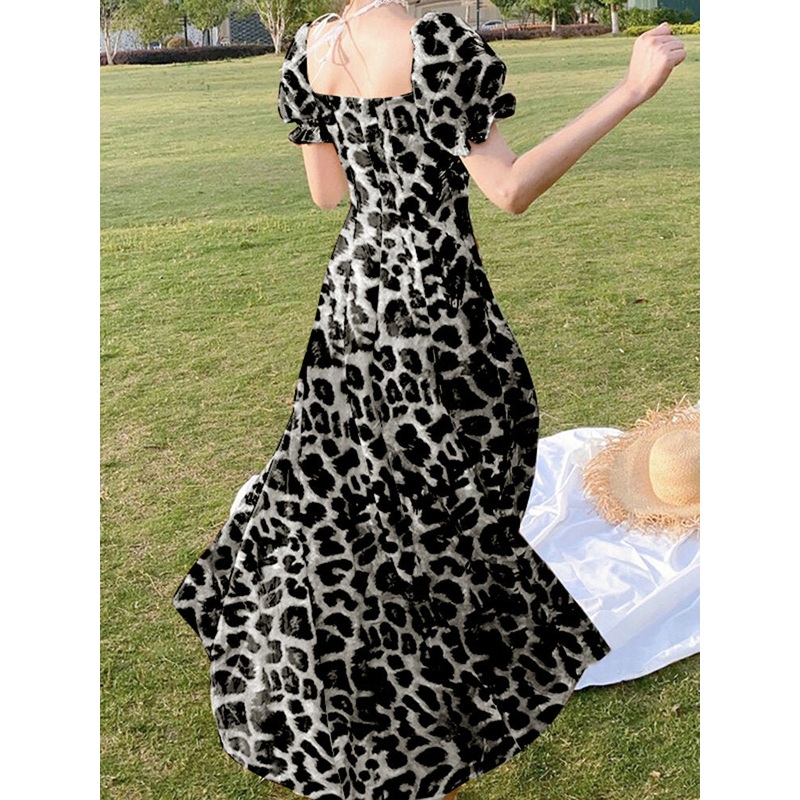 Leopard Print Puff Sleeve Square Collar Swing Maxi Dress