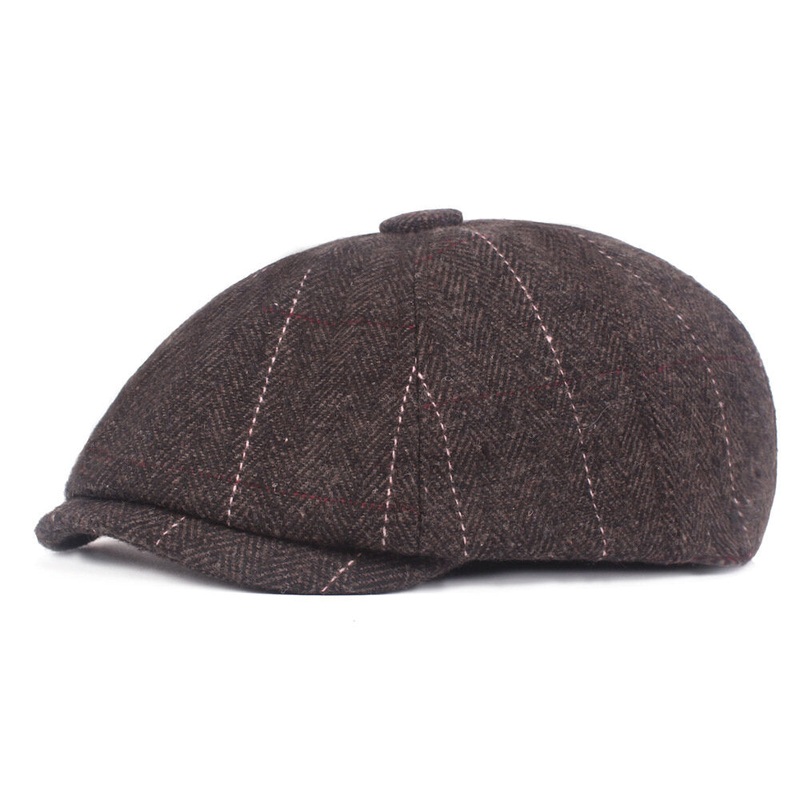 Men Casual Middle-Aged Stripe Felt Beret Hat Casual Windproof Flexible Octagon Newsboy Caps
