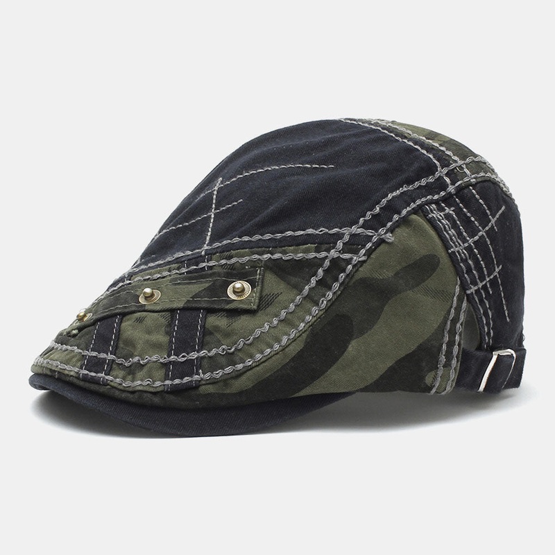 Men Cotton Camouflage Patchwork Metal Buckle Sunshade Beret Cap Forward Cap Flat Hat