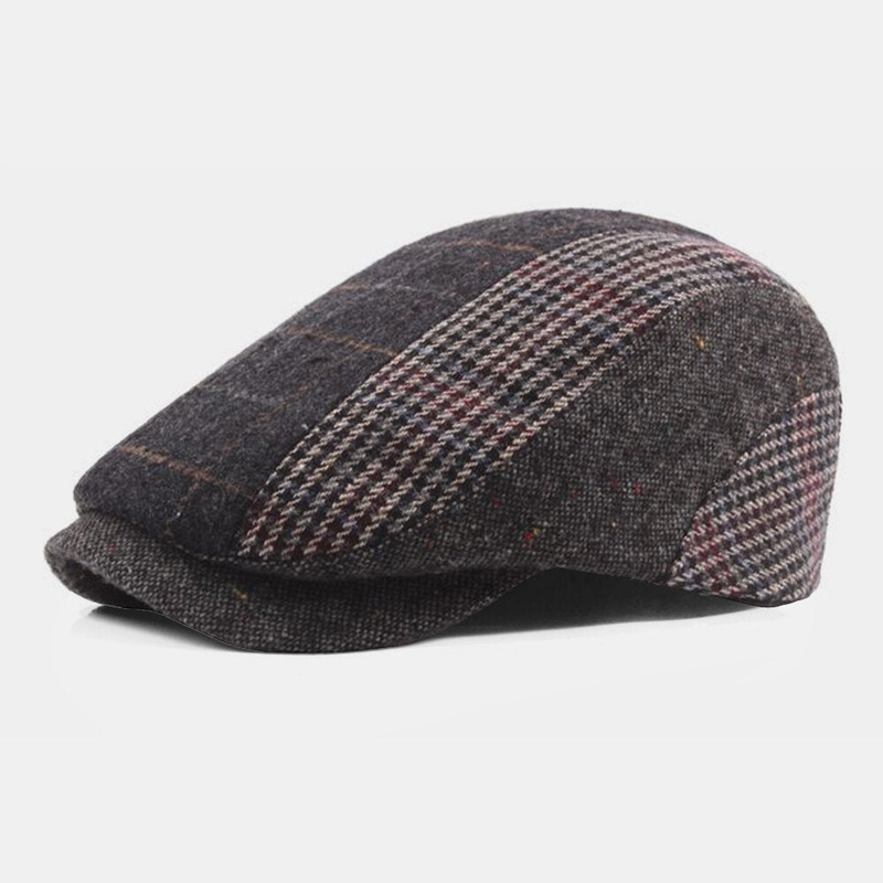 Men Felt Plus Thick Keep Warm Patchwork Lattice Stripe Pattern Casual Brief Forward Hat Beret Hat