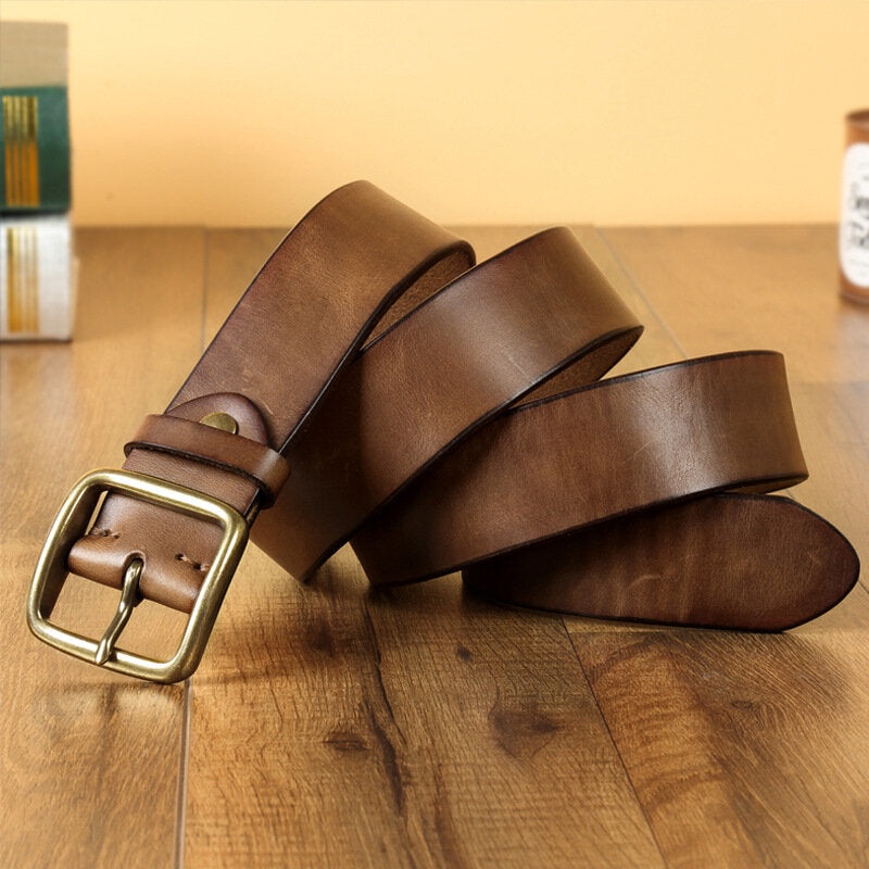 Men Genuine Leather 105/110/115/120/125/130cm Retro First Layer Cowhide Copper Pin Buckle Jeans Suits Belt With Punch