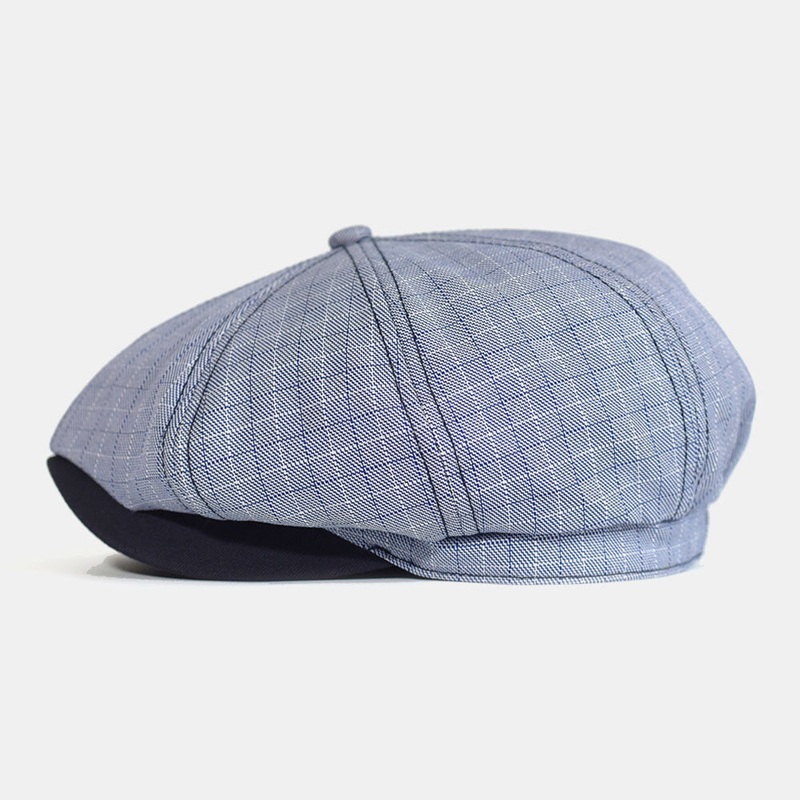 Men Plaid Striped Pattern Thin Casual Newsboy Hat Beret Cap Octagonal Hat Painter Cap Forward Cap