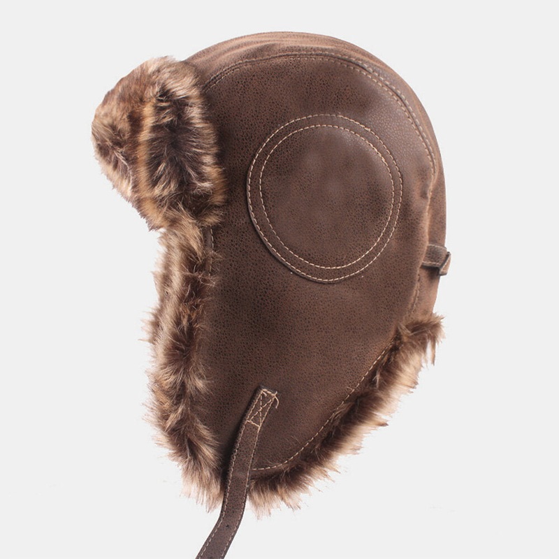 Men PU Thicken Plush Lining Trapper Hat Outdoor Ear Protection Windproof Warmth Ushanka Hat