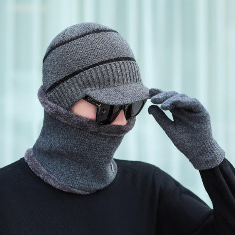 Men’s Scarf Hat Gloves Three-piece Suit Knit Windproof Cap Plus Thickening Scarf Wool Hat