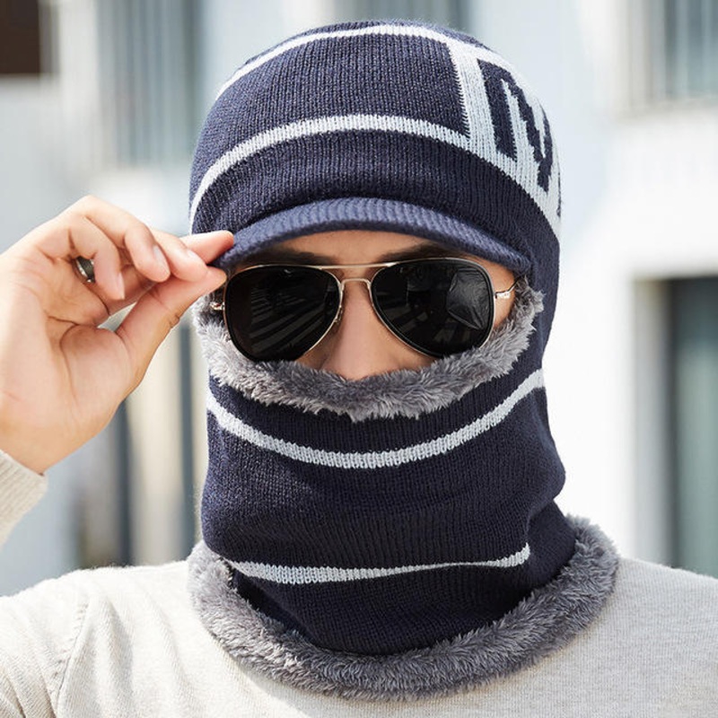 Men’s Warm Beanie Hat Scarf Hat With M Letter Wool Cap Windproof Neck Hat