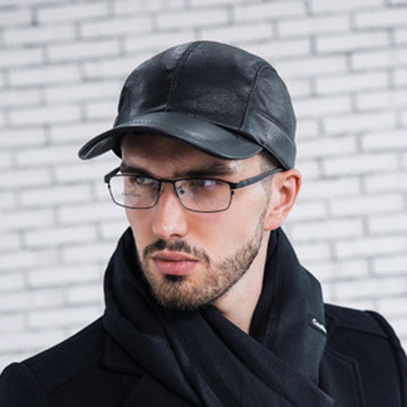 Mens Plus Cashmere Genuine Leather Warm Baseball Cap With Ears Flaps Adjustable Thickened Vintage Hat