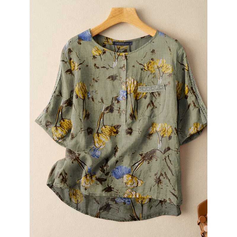 Plant Print Button Pocket Patchwork Short Sleeve Casual Blouse