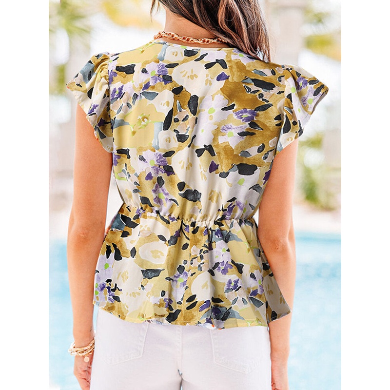 Plant Print V Neck Casual Ruffle Short Sleeve Blouse