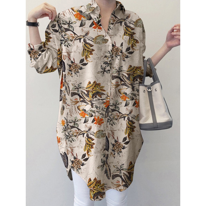 Plants Flower Leaves Print Loose Lapel Button Down Shirt