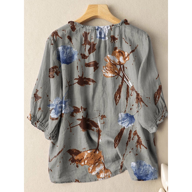 Plants Print 3/4 Sleeve Crew Neck Button Blouse