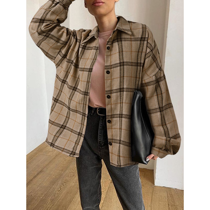 Plus Size Women Plaid Lapel Drop Shoulder Casual Shirt Coats