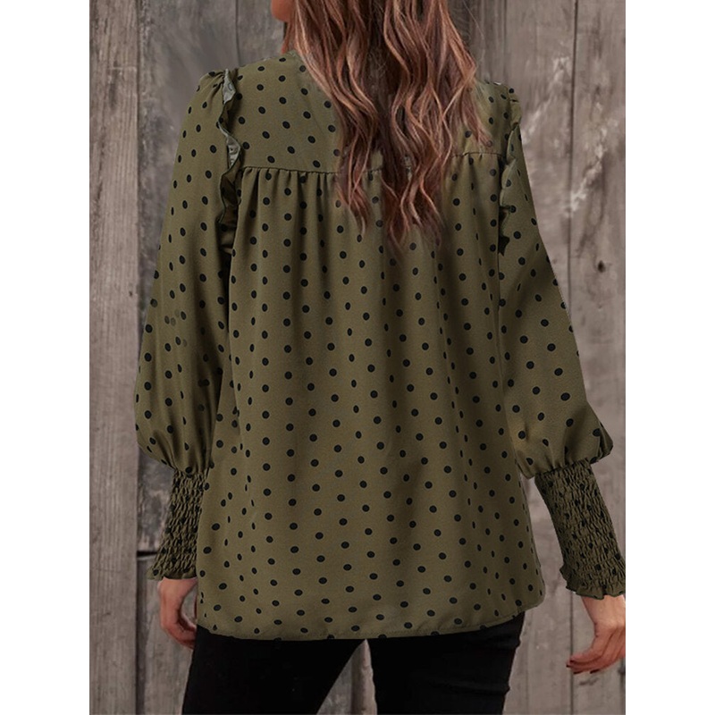 Polka Dot Print Long Sleeve O-neck Pleated Blouse