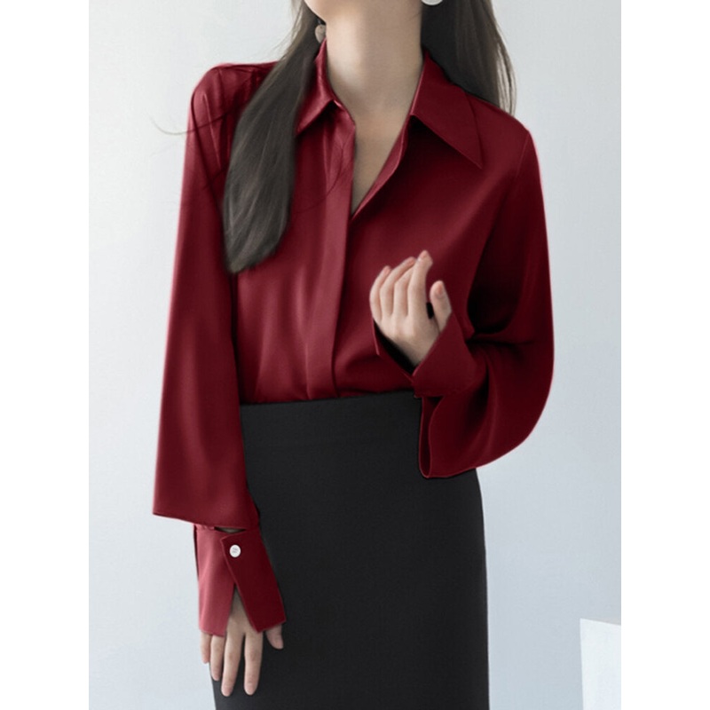 Satin Solid Long Sleeve Chiffon Lapel Shirt