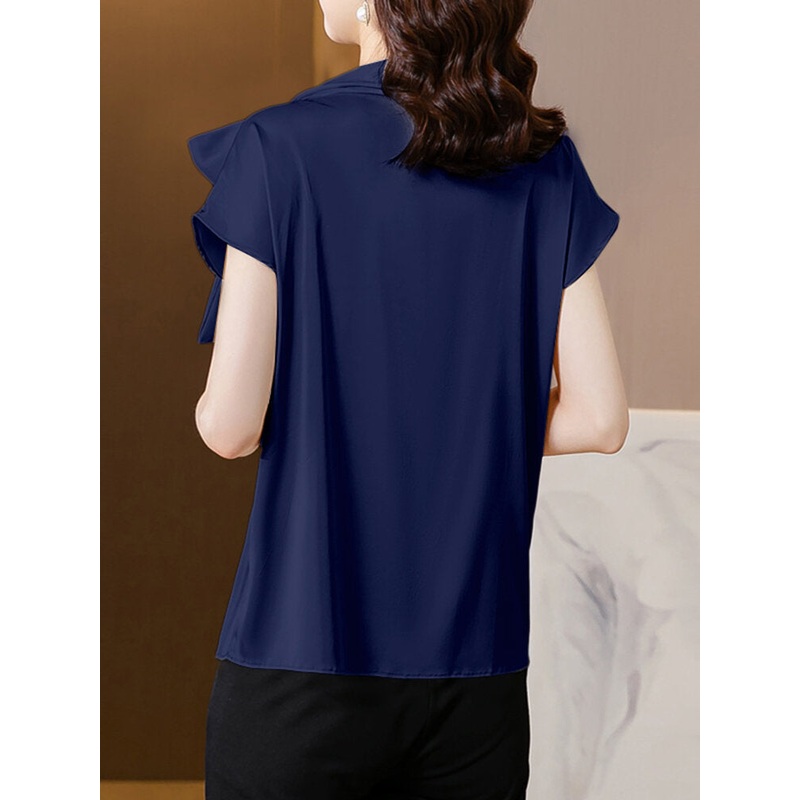 Satin Solid Tie Neck Short Sleeve Chiffon Blouse