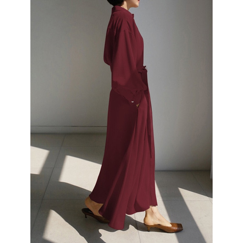 Solid Belt Long Sleeve Loose Button Down Shirt Dress