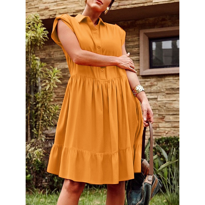 Solid Button Pocket Ruffles Lapel Short Sleeve Shirt Dress