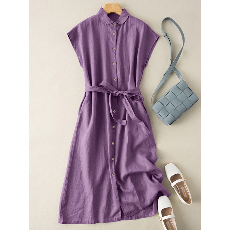 Solid Button Sash Lapel Short Sleeve Casual Cotton Shirt Dress