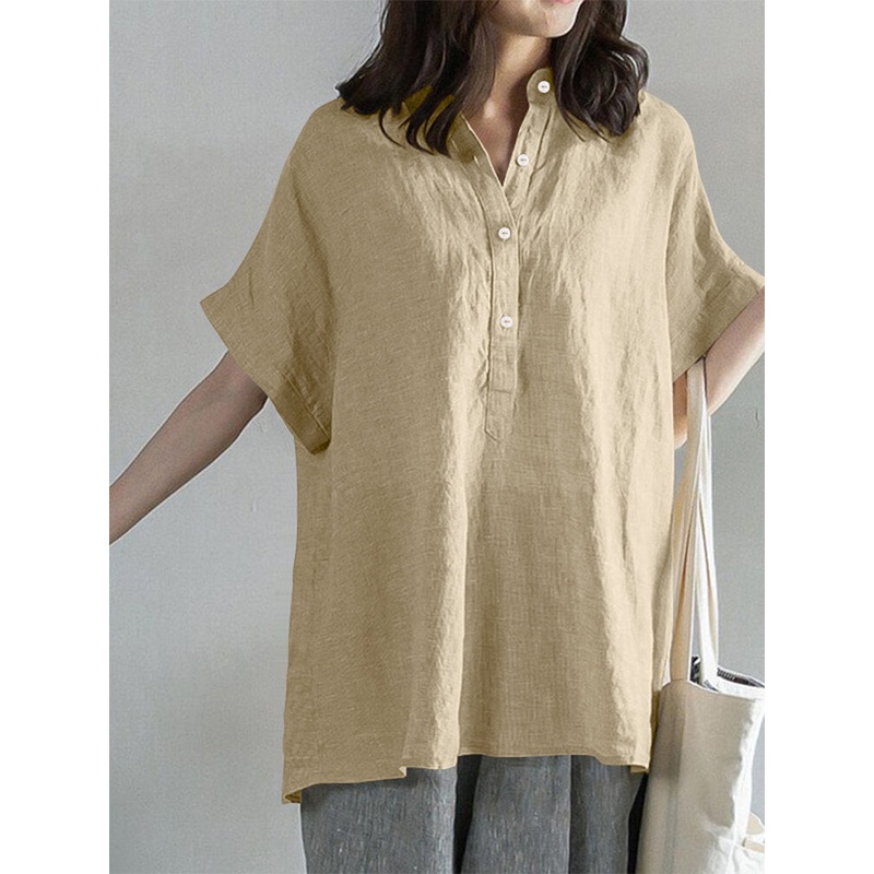 Solid Button Stand Collar Short Sleeve Loose Casual Blouse