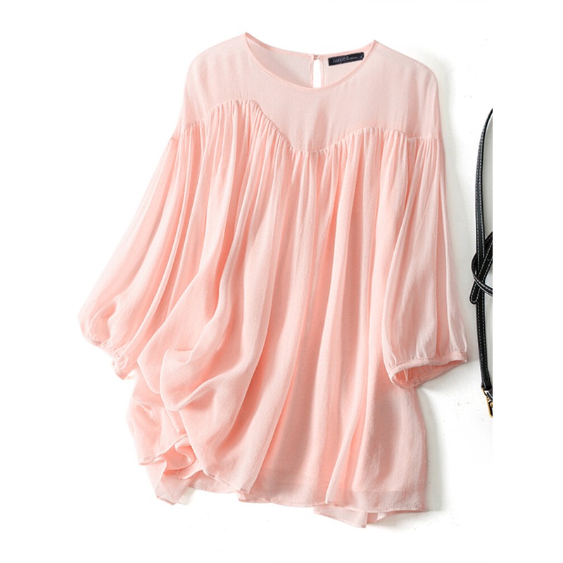Solid Chiffon Keyhole Back Long Sleeve Tiered Blouse