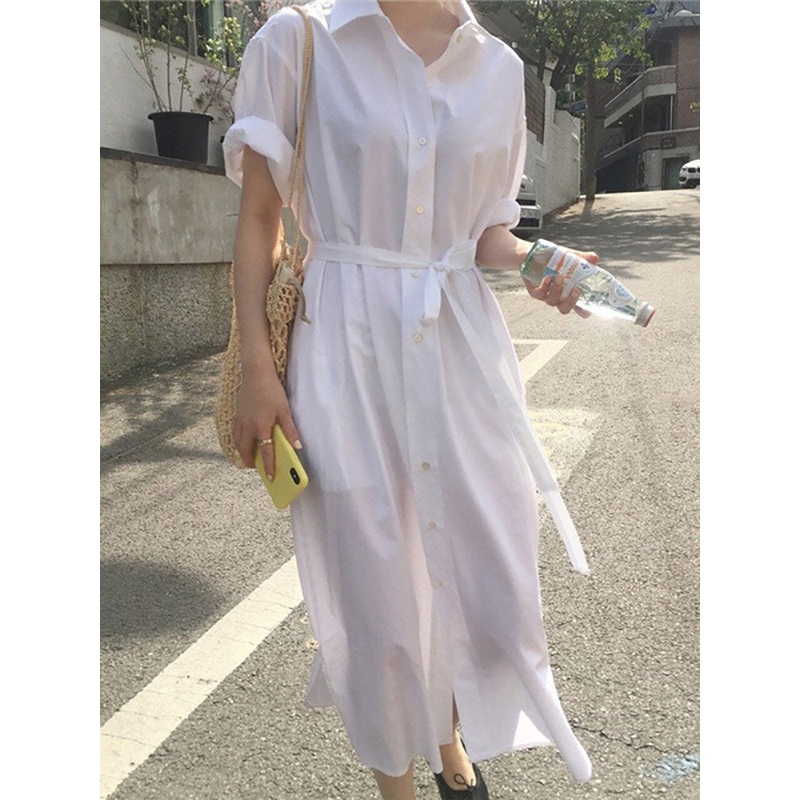 Solid Color Long Sleeve Lapel Knotted Maxi Shirt Dress