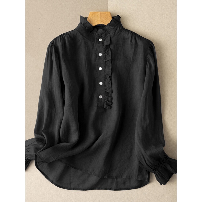 Solid Color Long Sleeve Stand Color Ruffled Blouse For Women