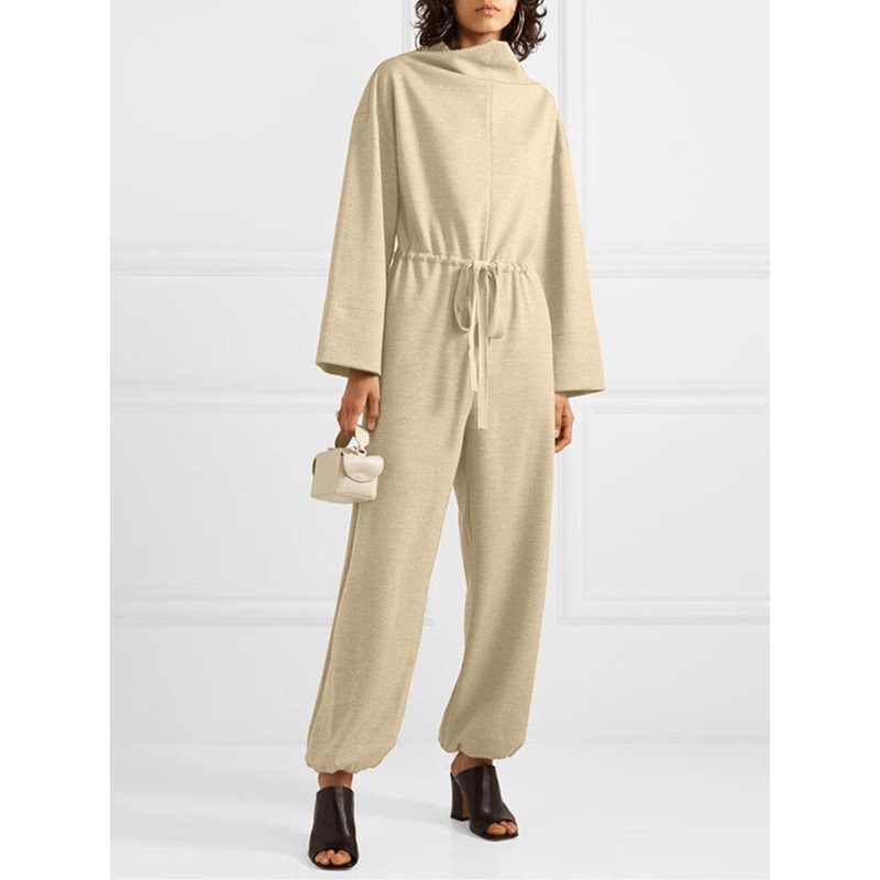 Solid Color Plain Knitted Drawstring Long Sleeve Casual Jumpsuit for Women