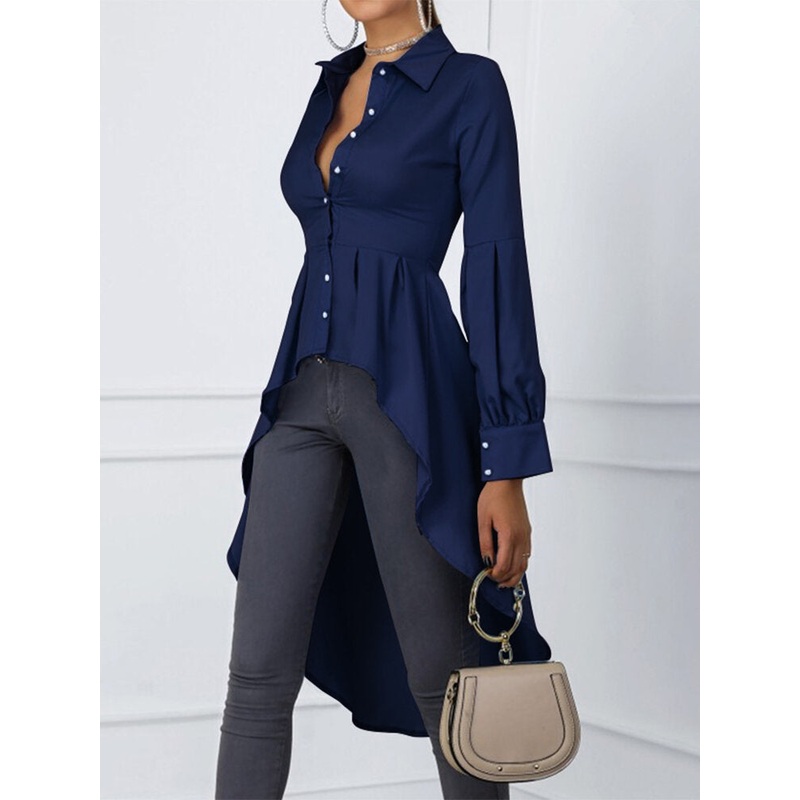 Solid Color Puff Sleeve Button Shirts High Low Hem Blouse For Women