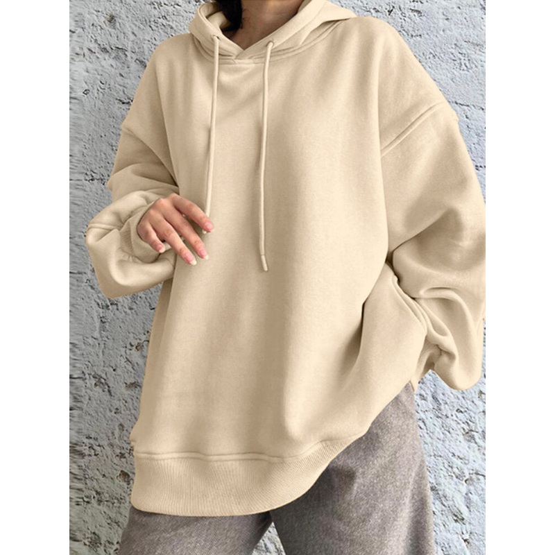 Solid Drop Shoulder Pocket Drawstring Long Sleeve Loose Hoodie