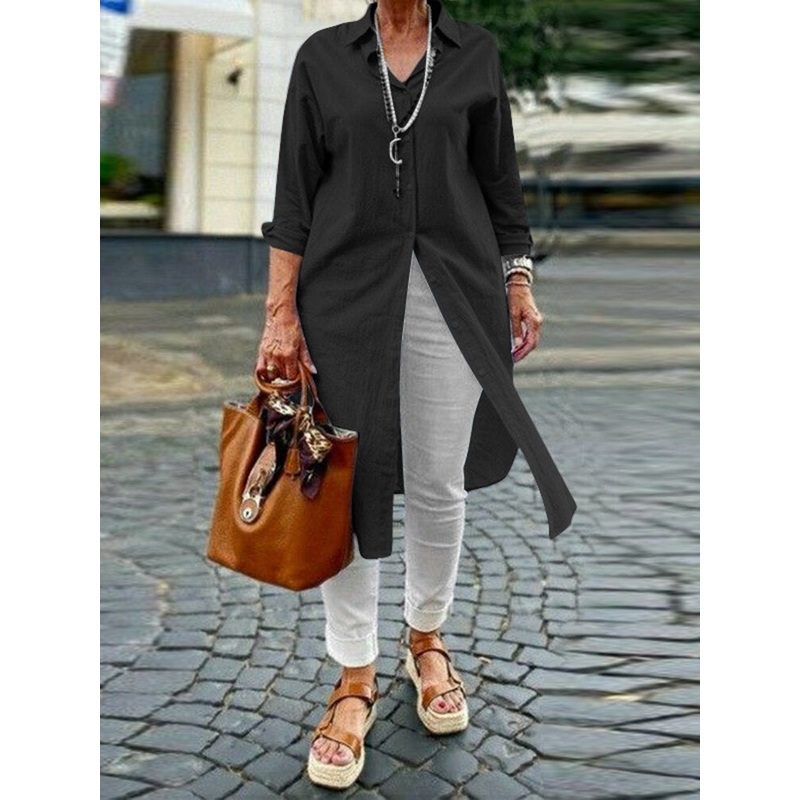 Solid Long Sleeve Lapel Button Front Long Shirt