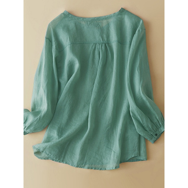 Solid Long Sleeve V-neck Casual Button Front Blouse