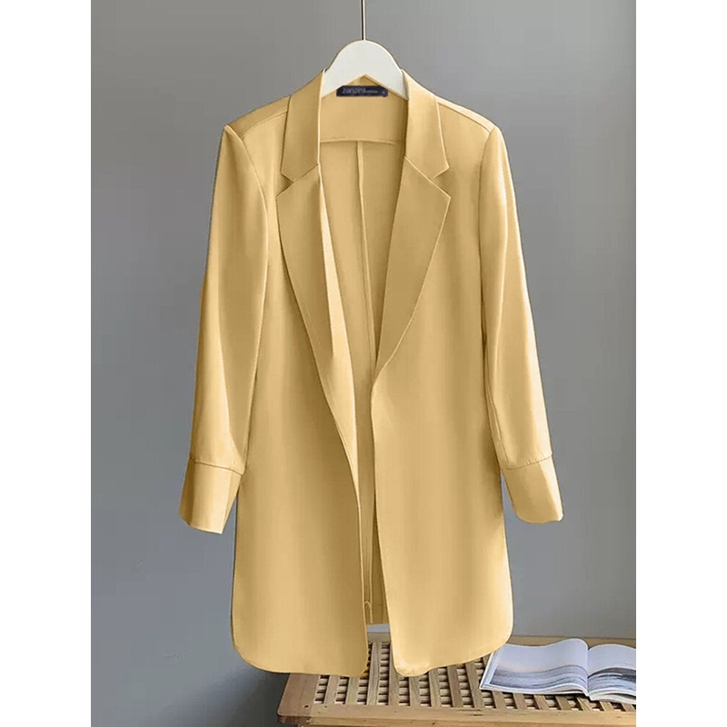 Solid Open Placket Slit Hem Lapel Long Sleeve Blazer