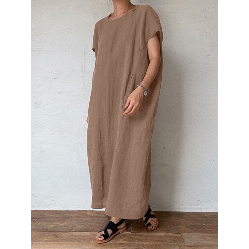 Solid Pocket Cotton Round Neck Casual Maxi Dress