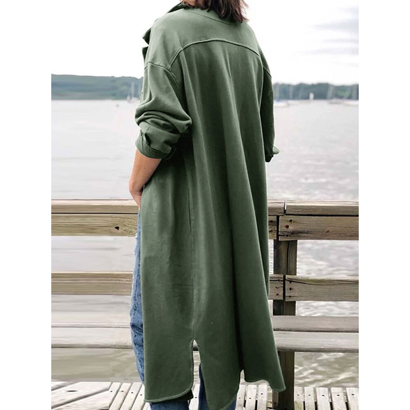 Solid Pocket Slit Hem Long Sleeve Lapel Coat