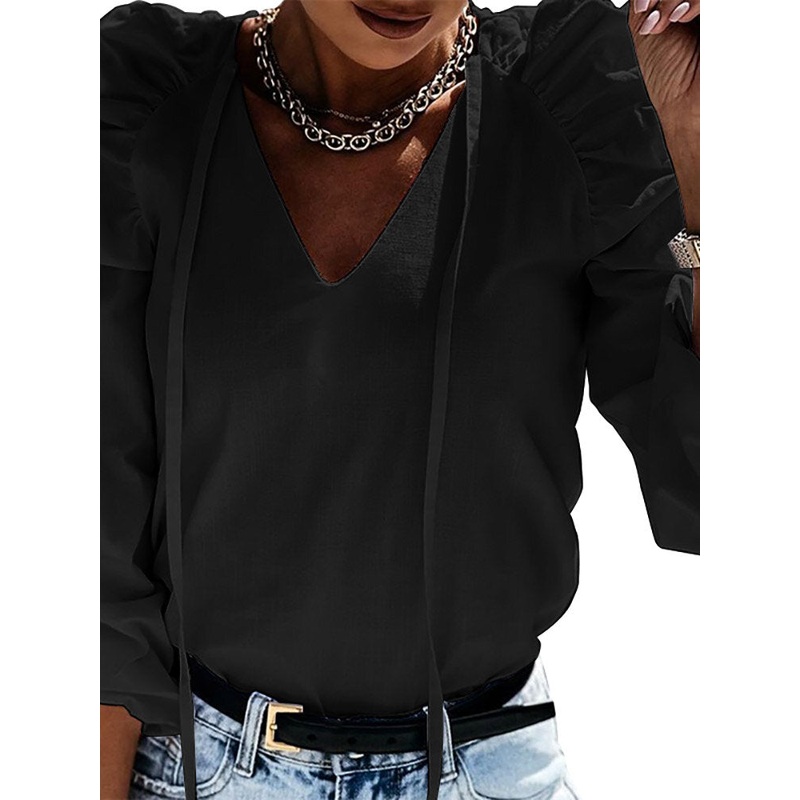 Solid Ruched Knotted Puff Long Sleeve V-neck Blouse