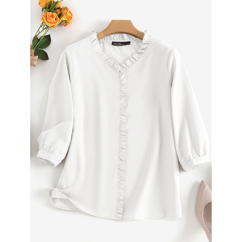 Solid Ruffle Trim V-neck 3/4 Sleeve Casual Blouse