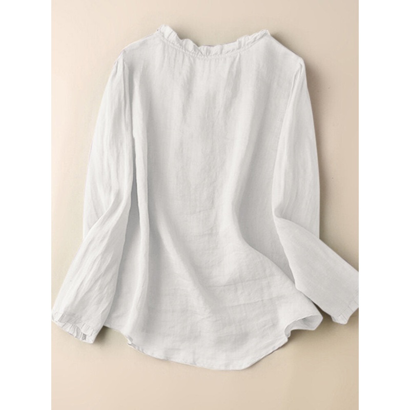 Solid Ruffle Trim V-neck Button Front Long Sleeve Blouse
