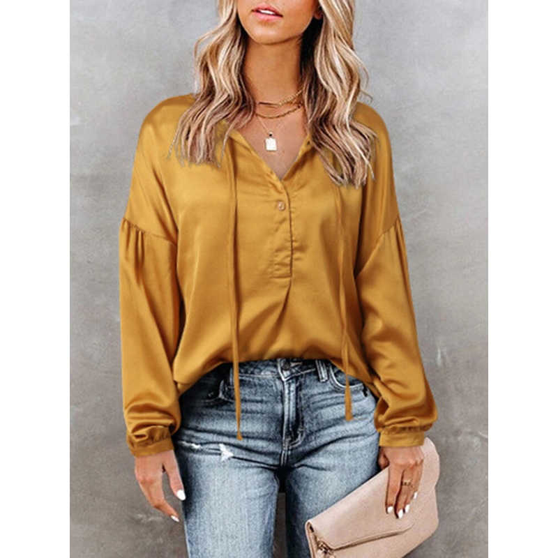 Solid Satin Long Sleeve Tie Front V-neck Blouse