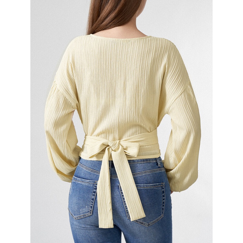 Solid Tie Drop Shoulder Wrap V-neck Long Sleeve Blouse